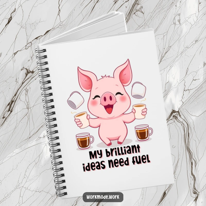 Funny happy pink piglet with a focused grin, juggling coffee cups, on the cover of a notebook.