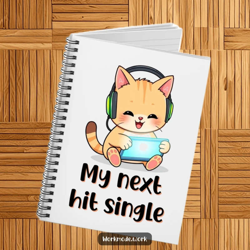 Funny cat notebook depicting a happy cat wearing headphones, enthusiastically tapping on a glowing tablet, for jotting down ideas.