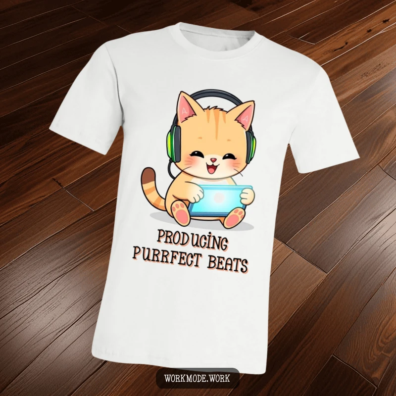 Funny cat t-shirt featuring a happy cat wearing oversized headphones, enthusiastically tapping on a glowing tablet, perfect for gamers.
