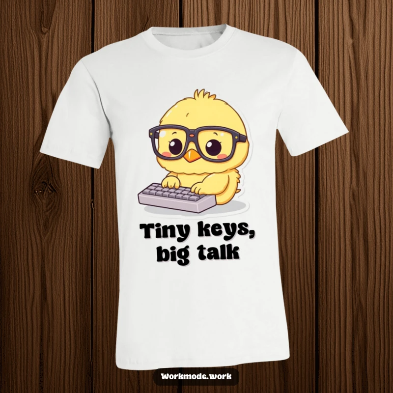 Funny yellow chick in big glasses typing furiously on a tiny keyboard on a t-shirt, representing intense focus and hard work.