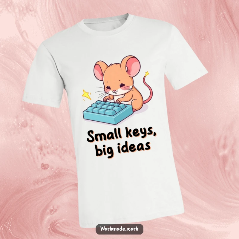 Funny Mouse T-Shirt: A tiny mouse furiously types on a miniature keyboard, with energetic sparks flying, capturing speed.