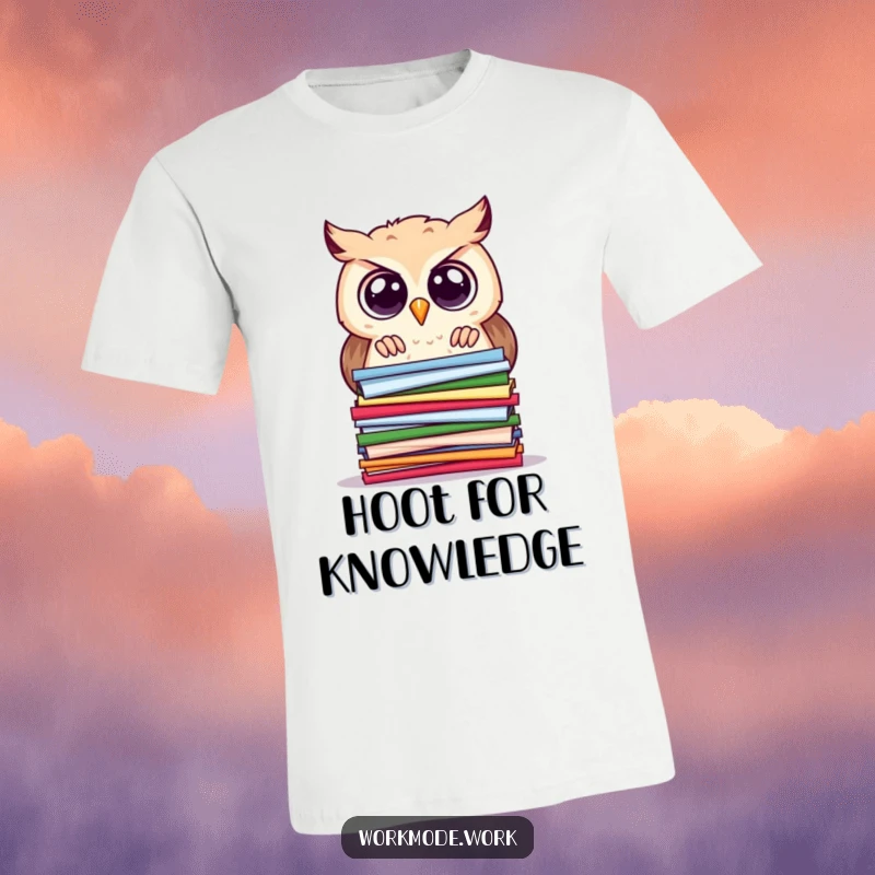 Funny owl t-shirt featuring a curious owl with wide eyes, peering intently at a stacked pile of colorful papers, for scholars.