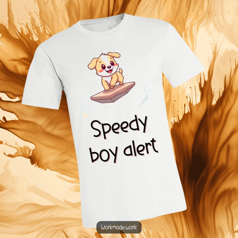 Funny puppy t-shirt featuring a playful dog energetically zooming across a digital landscape on a floating platform, for dog lovers.