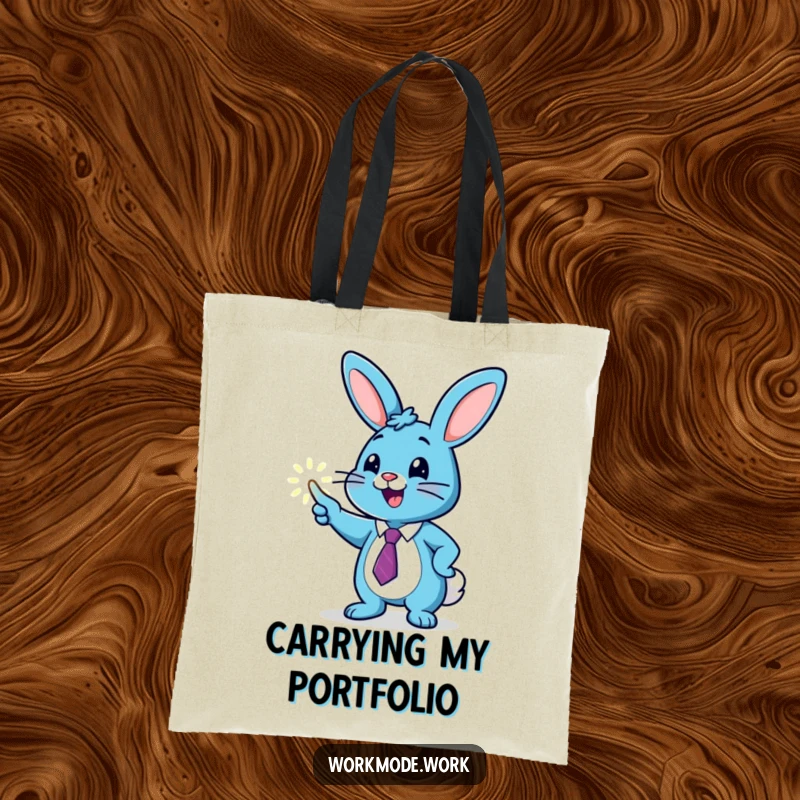 Funny blue bunny in a tie pointing at a glowing graph on a tote bag, ready to carry your business and ambition.