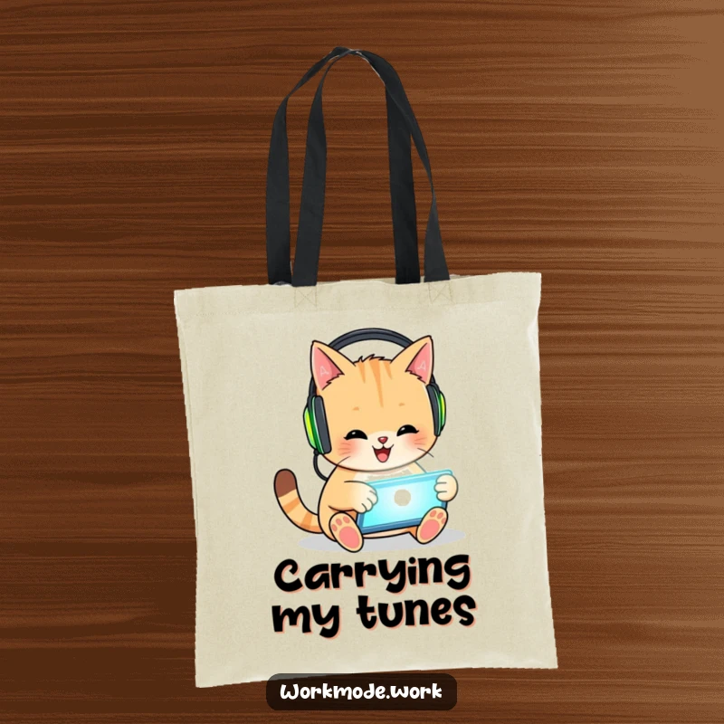Funny cat tote bag showing a happy cat wearing headphones, enthusiastically tapping on a glowing tablet, a tech-savvy companion.