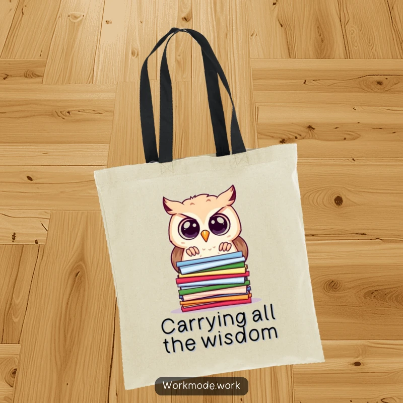 Funny owl tote bag with a curious owl and wide eyes, peering intently at a stacked pile of colorful papers, for carrying books.